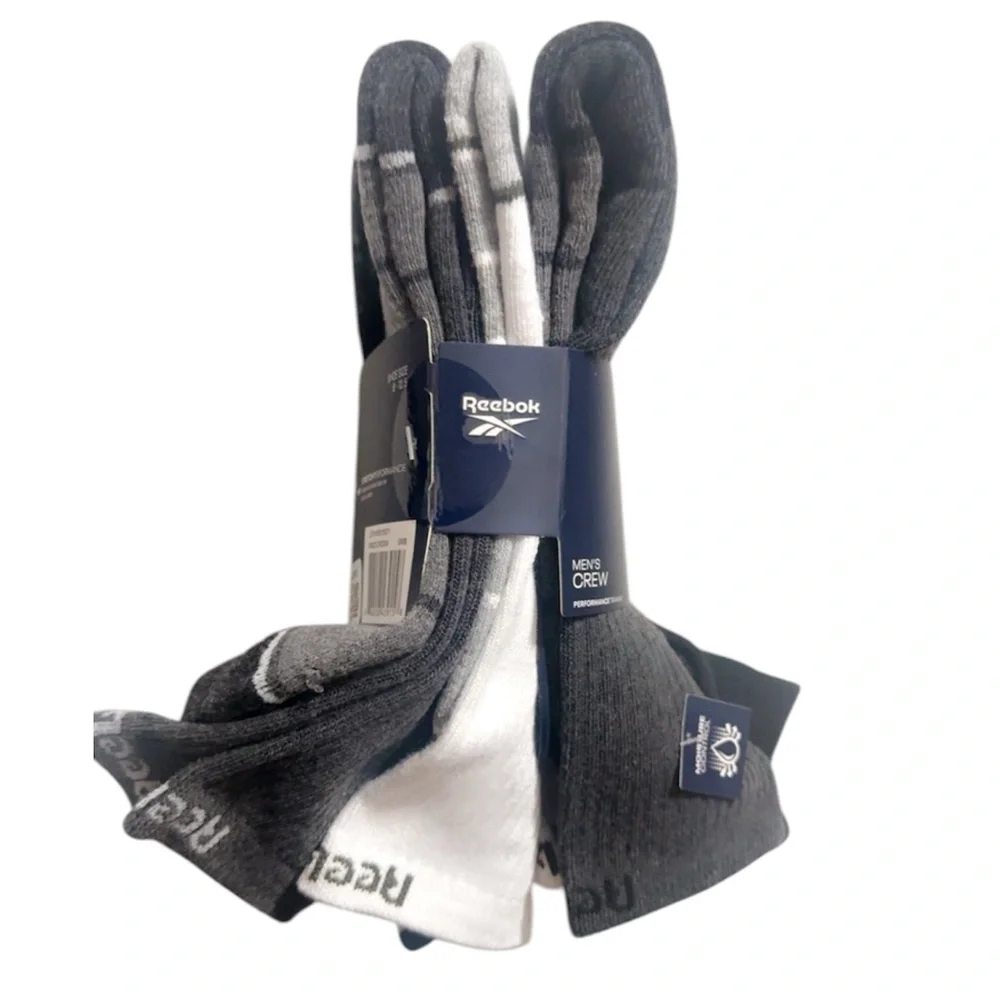 Reebok High Crew Socks - 5Pk Blk, Gray, White Performance Training Size 6-12
